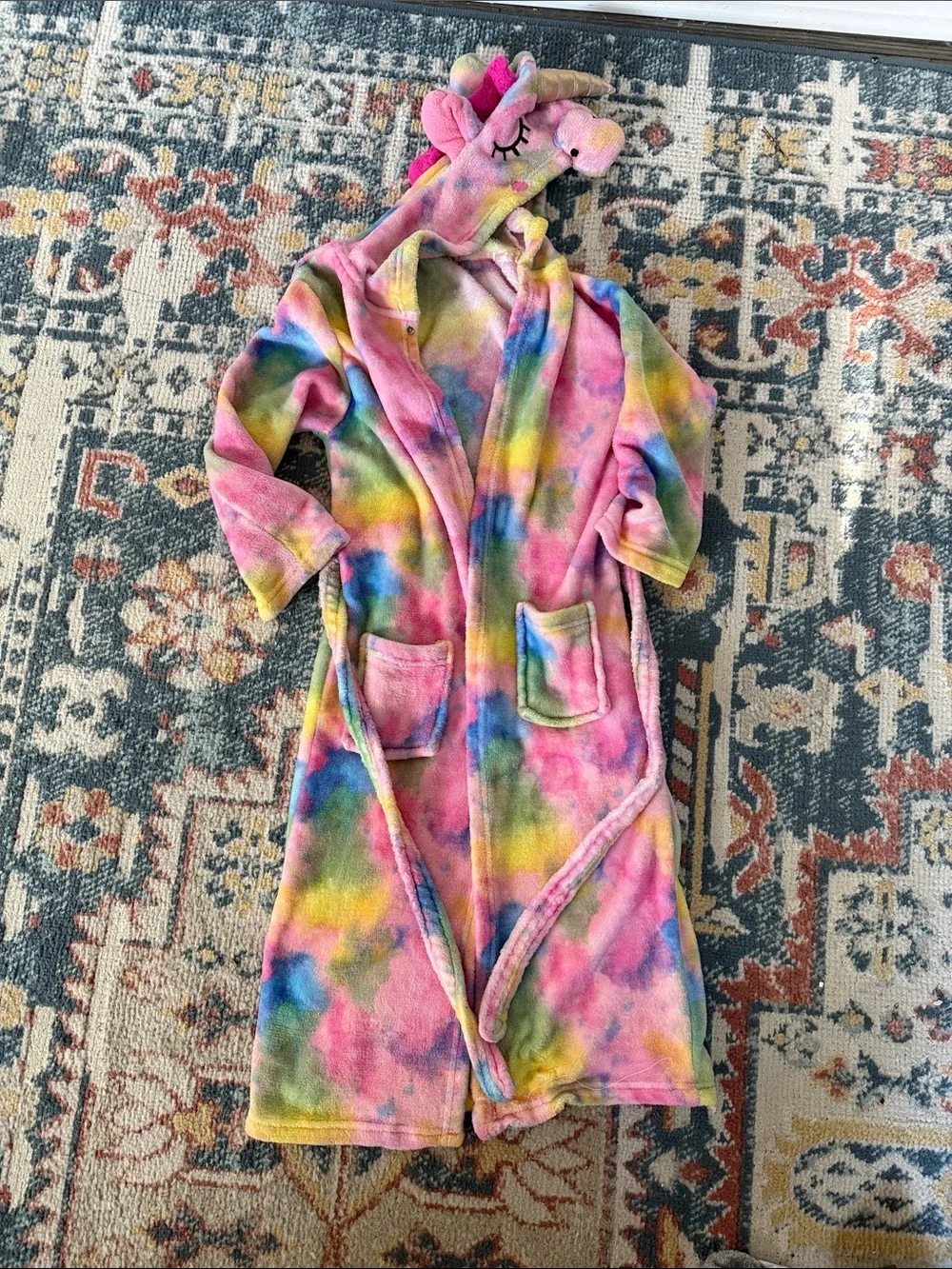 Kids Unicorn Hooded Robe - Multicolor Tie-Dye Plush